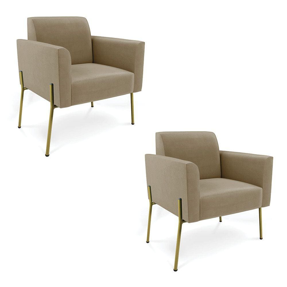 Poltrona Pé de Ferro Dourado Decorativa Kit 2 Marisa Suede Marrom Rato D03 - D`Rossi