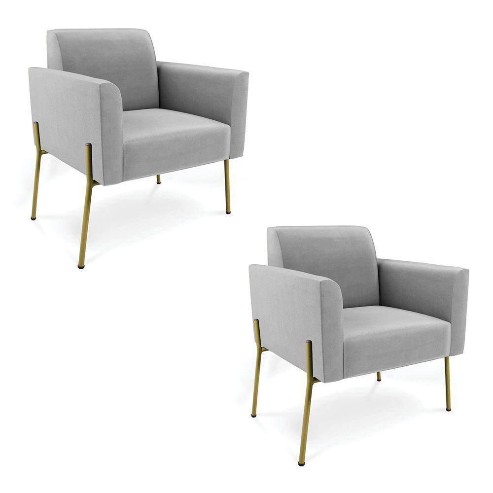 Poltrona Pé de Ferro Dourado Decorativa Kit 2 Marisa Suede Cinza D03 - D`Rossi