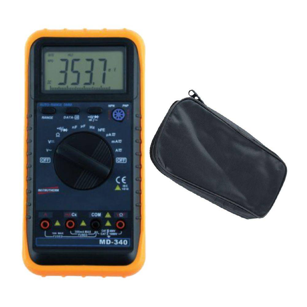 Kit Multímetro Digital Cat III 600V Tensão Ac Dc Corrente Holster Ponta Prova Md-340 Portátil Instrutherm Estojo Es-01