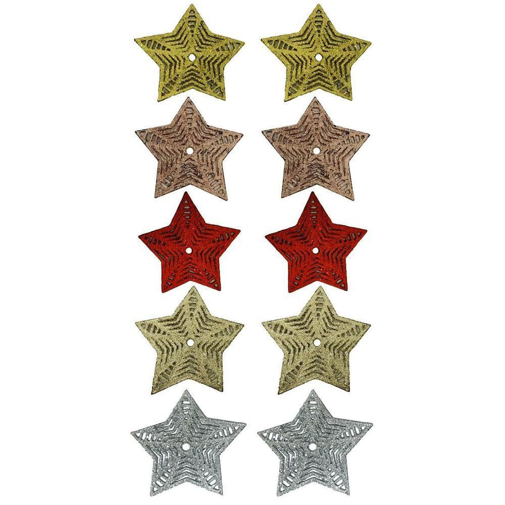 Kit 10 Enfeites Natal Estrelas Em Gliter 10 Cm Coloridas