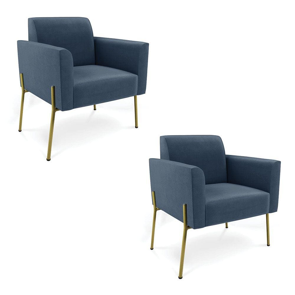 Poltrona Pé de Ferro Dourado Decorativa Kit 2 Marisa Suede Azul Marinho D03 - D`Rossi