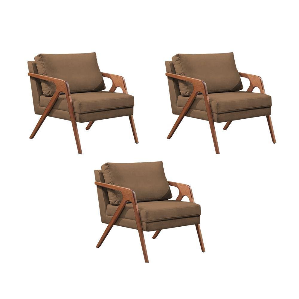 Kit 3 Poltronas Decorativas Mona Premium Base Madeira Maciça Veludo Marrom