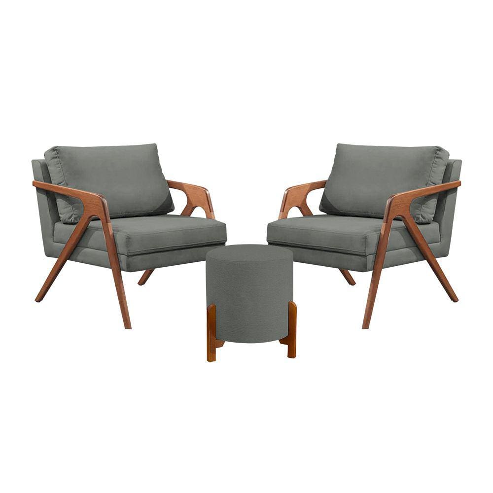 Conjunto 2 Poltronas Mona Decorativa e 1 Puff Thor Estofado Base Madeira Maciça Linho Cinza