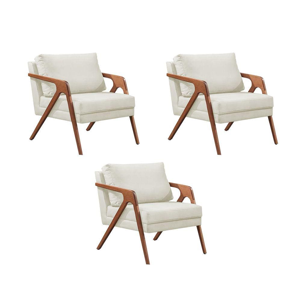 Kit 3 Poltronas Decorativas Mona Premium Base Madeira Maciça Linho Cru