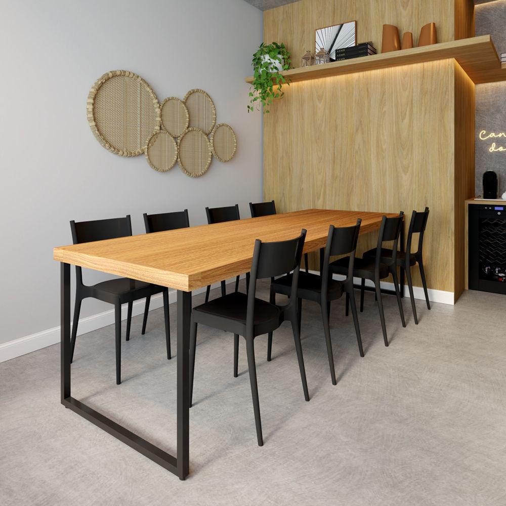 Conjunto Mesa Madeira Maciça Bernardo 2,50m Ferragem Preta com 8 Cadeiras Tramontina Preta