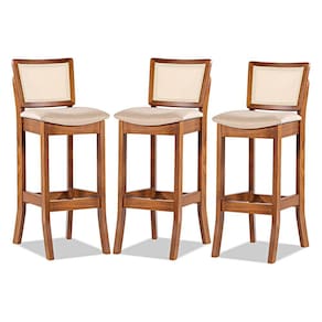 Kit 3 Banquetas Alta em Madeira Imbuia Portugal Estofada Linho Bege M58 RMI