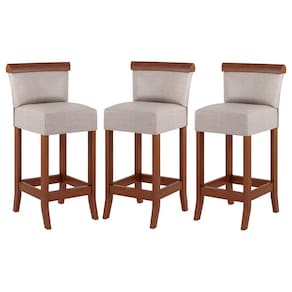 Kit 3 Banquetas Média Estofada Encosto Diamantina 36x90Cm Balcão Madeira Maciça Linho Bege M58 - RMI