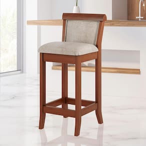 Banqueta Média Estofada Encosto Mônaco 36x90Cm Bancada Madeira Maciça Imbuia Linho Bege M58 - RMI