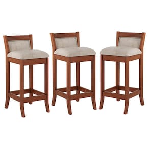 Kit 3 Banquetas Média Estofada Lucca 36x83Cm Bancada Bar Balcão Madeira Maciça Linho Bege M58 - RMI