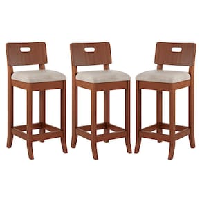 Kit 3 Banquetas Média Estofada Encosto Dubai 36x90Cm Bancada Madeira Maciça Linho Bege M58 - RMI