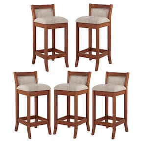 Kit 5 Banquetas Média Estofada Lucca 36x83Cm Bancada Bar Balcão Madeira Maciça Linho Bege M58 - RMI