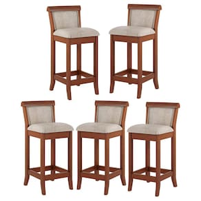 Kit 5 Banquetas Média Estofada Encosto Mônaco 36x90Cm Bancada Madeira Maciça Linho Bege M58 - RMI