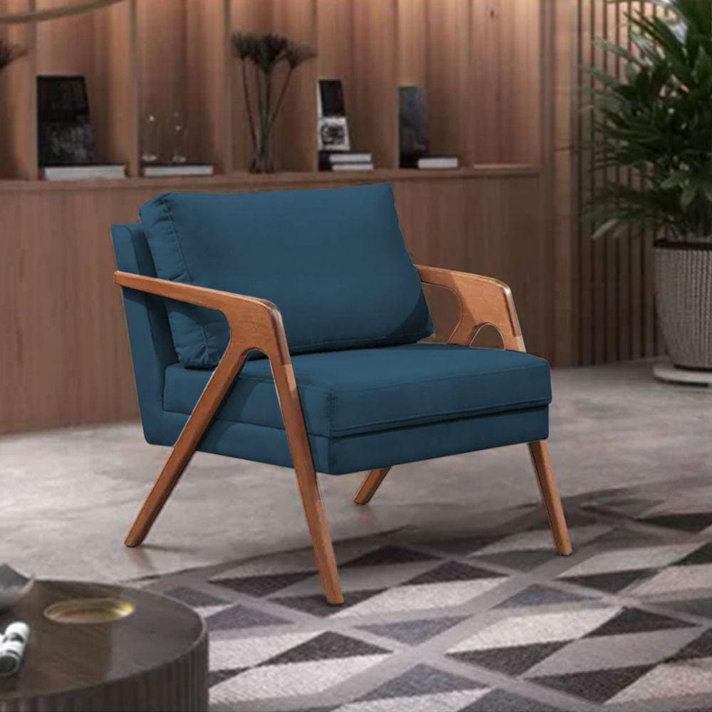 Poltrona Decorativa Mona Premium Base Madeira Maciça Veludo Azul Marinho