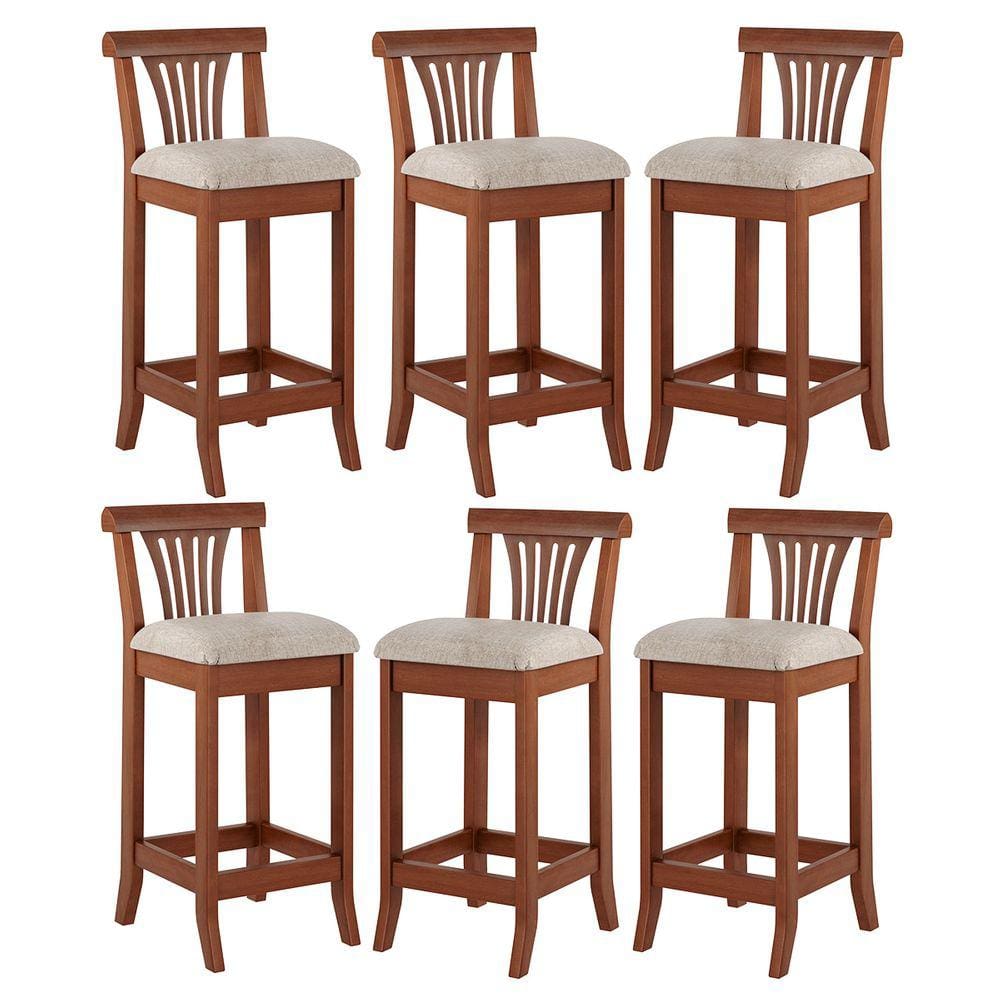 Kit 6 Banquetas Média Estofada Encosto Valentina 36x90Cm Bancada Madeira Maciça Linho Bege M58 - RMI