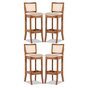 Kit 4 Banquetas Alta Portugal com Encosto em Rattan Estofado Linho Bege M58 RMI