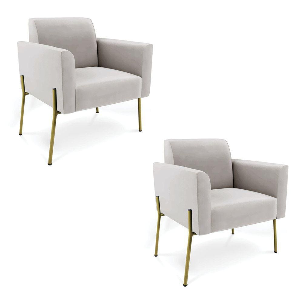 Poltrona Pé de Ferro Dourado para Salão Kit 2 Marisa Veludo Cinza D03 - D`Rossi