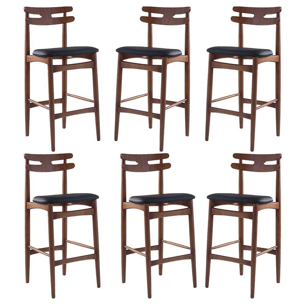 Kit 6 Banquetas Alta Estofada França 46 x 106 Cm Madeira Maciça Imbuia Facto Impermeável Preto - RMI