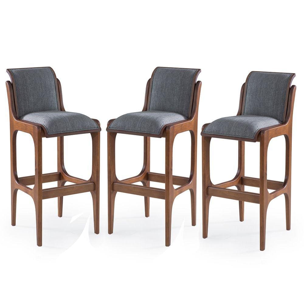 Kit 3 Banquetas Alta Estofada Barcelona 37 x 101 Cm Madeira Maciça Imbuia Linho Cinza L55 - RMI