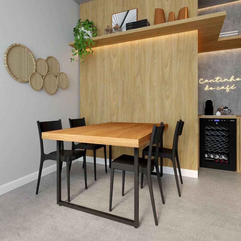 Conjunto Mesa Madeira Maciça Bernardo 1,50m Ferragem Preta com 4 Cadeiras Tramontina Preta