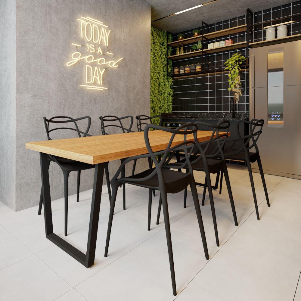 Conjunto Mesa Madeira Maciça Lanna 1,80m Ferragem Preta com 6 Cadeiras Alegra Preta