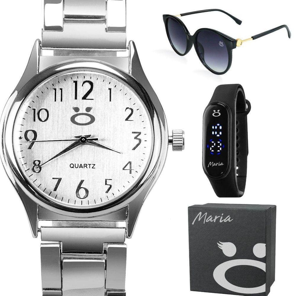 Oculos Sol + Caixa + Relogio Feminino Prata Aço Inox Moda