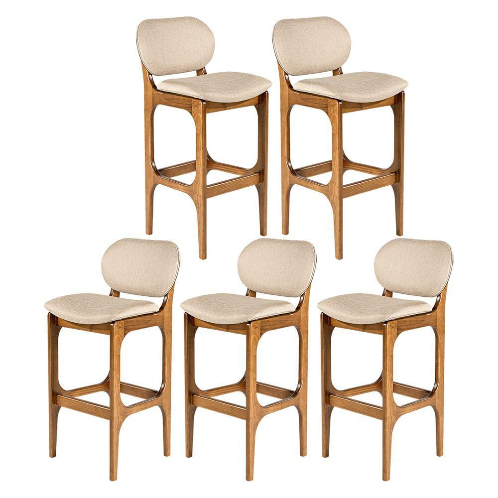 Kit 5 Banquetas Alta para Balcão 50 x 104 Cm Decor Madeira Maciça Imbuia Linho Bege M58 - RMI