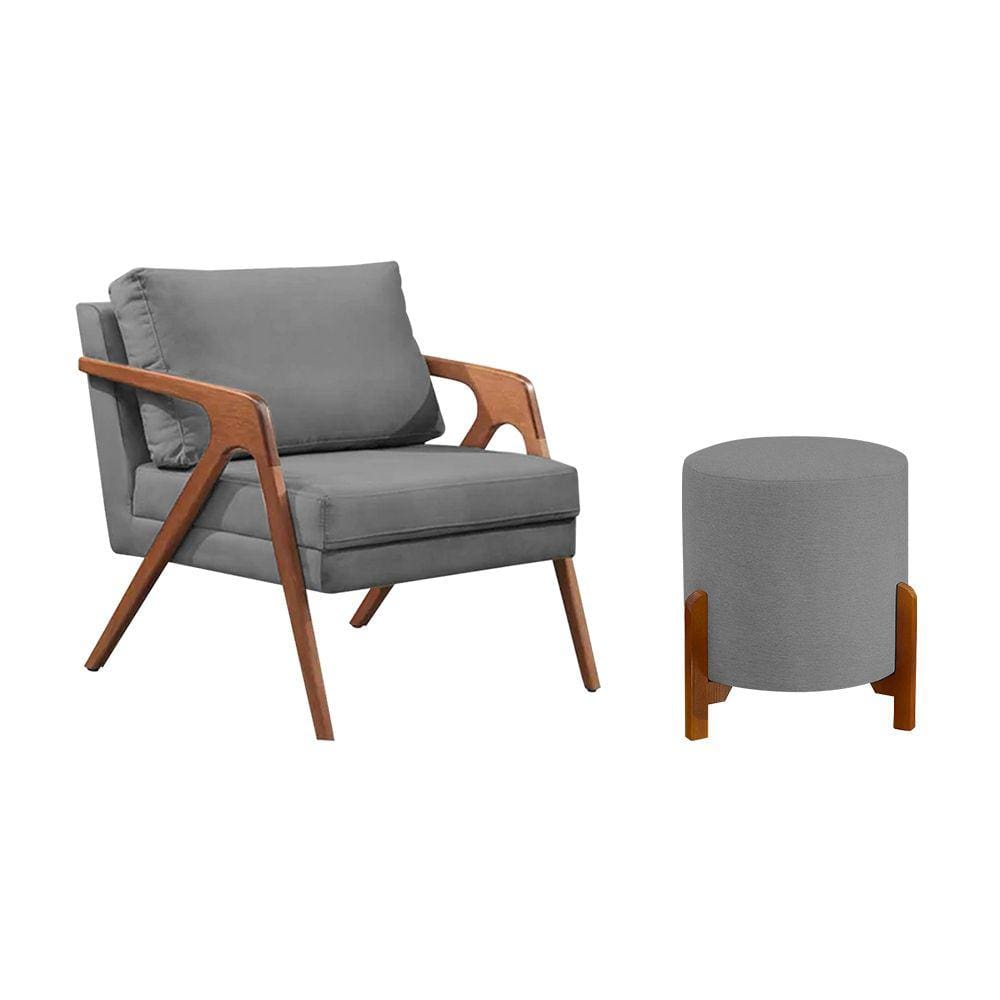 Conjunto Poltrona Mona Decorativa e Puff Thor Estofado Base Madeira Maciça Veludo Cinza
