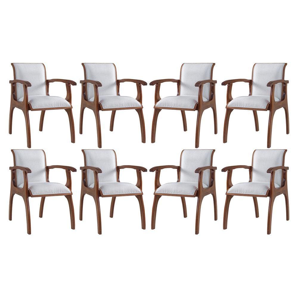 Kit 8 Cadeiras de Jantar Estofada Braço 55 x 82 Cm Barcelona Madeira Maciça Linho Bege Cru L71 - RMI