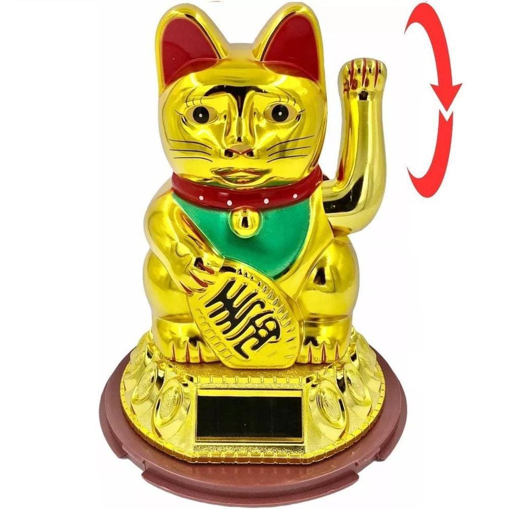 Gato Da Sorte Dourado Maneki Neko Balança Mão Carrega Solar