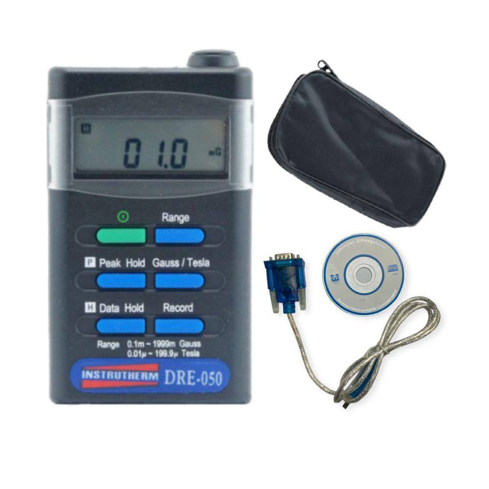 Kit Medidor Campo Eletromagnético Digital 0,01 A 199,9µT Datalogger Dre-050 Portátil Instrutherm Estojo Cabo Rs-232 Db9