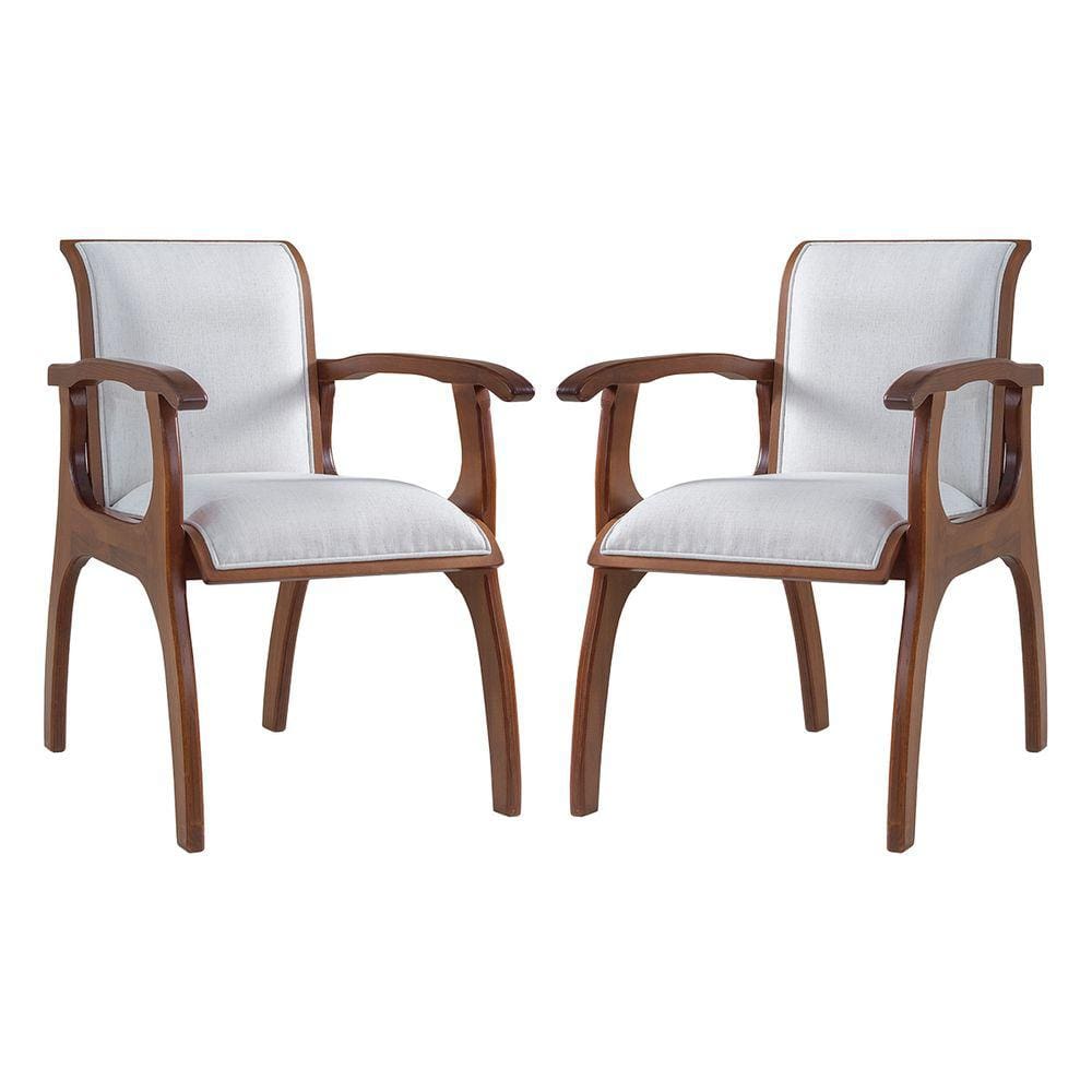Kit 2 Cadeiras de Jantar Estofada Braço 55 x 82 Cm Barcelona Madeira Maciça Linho Bege Cru L71 - RMI