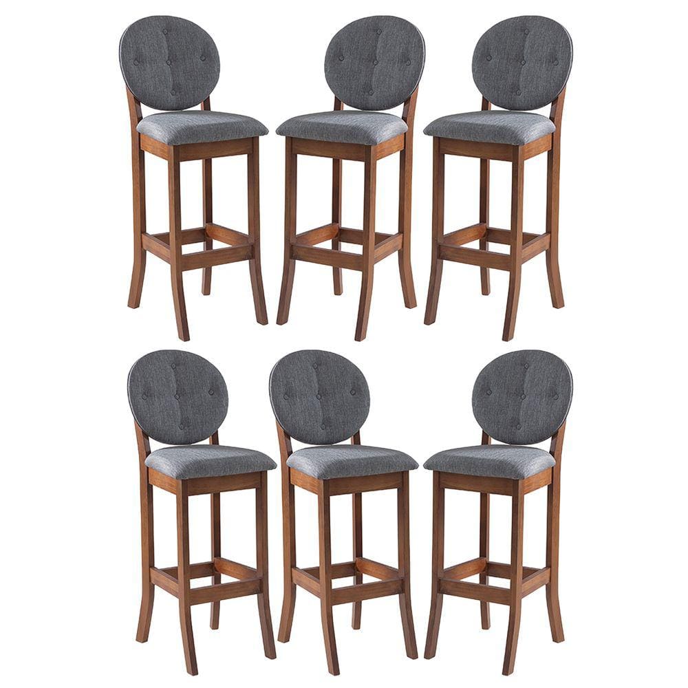 Kit 6 Banquetas Alta Estofada com Encosto Florence 113 x 36 Cm Madeira Maciça Linho Cinza L55 - RMI