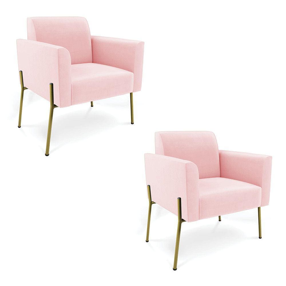 Poltrona Pé de Ferro Dourado Decorativa Kit 2 Marisa Suede Rosa Bebê D03 - D`Rossi