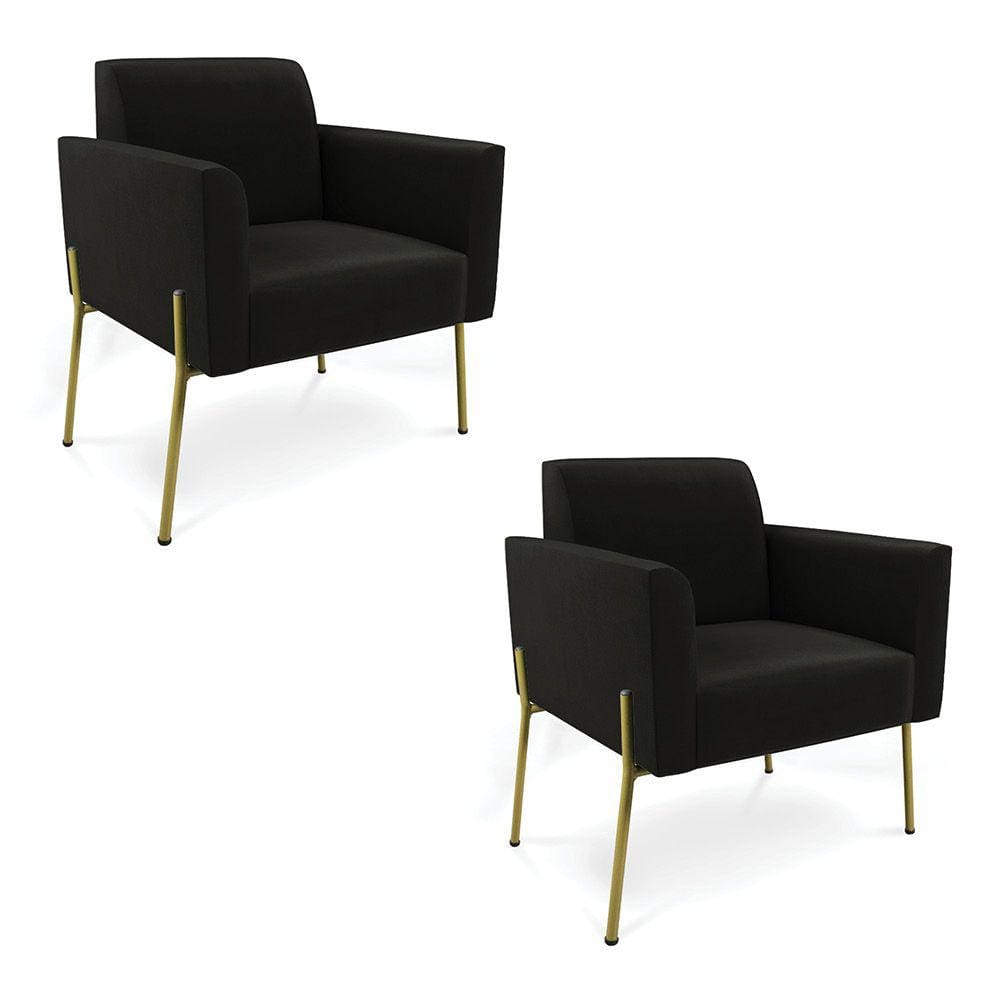 Poltrona Pé de Ferro Dourado Decorativa Kit 2 Marisa Suede Preto D03 - D`Rossi