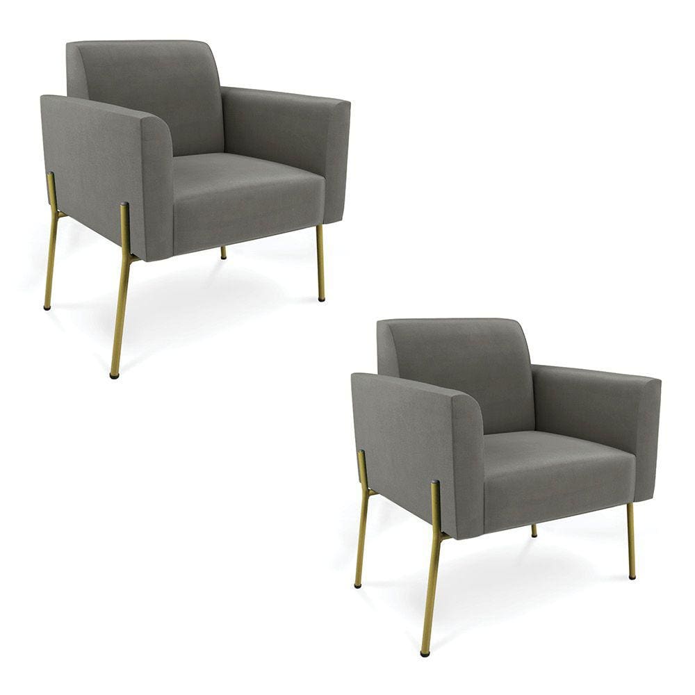 Poltrona Pé de Ferro Dourado Decorativa Kit 2 Marisa Suede Grafite D03 - D`Rossi