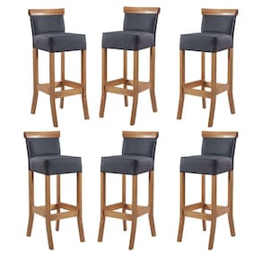 Kit 6 Banquetas Alta Encosto Estofada 36x100 Cm Diamantina Madeira Maciça Mel Linho Cinza L67 - RMI