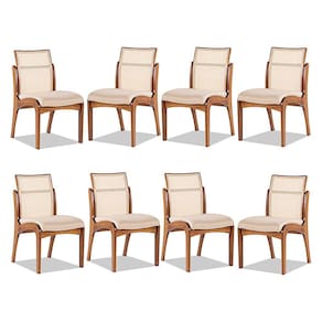 Kit 8 Cadeiras de Madeira Estofada para Mesa de Jantar Lisboa Linho Bege com Encosto Rattan M58 RMI