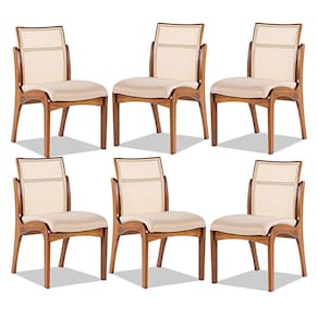 Kit 6 Cadeiras de Madeira para Mesa de Jantar com Encosto Rattan Lisboa Linho Bege M58 RMI