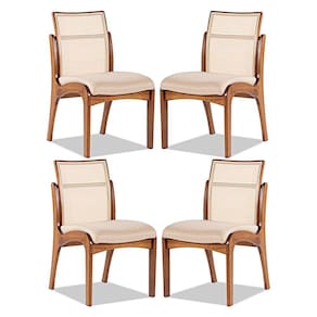 Kit 4 Cadeiras para Mesa de Jantar Lisboa com Encosto Rattan Madeira Maciça Linho Bege M58 RMI