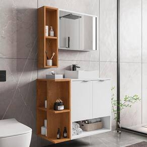Gabinete Banheiro Com Cuba E Espelheira 70 cm Branco Naturalle Ibiza Bechara