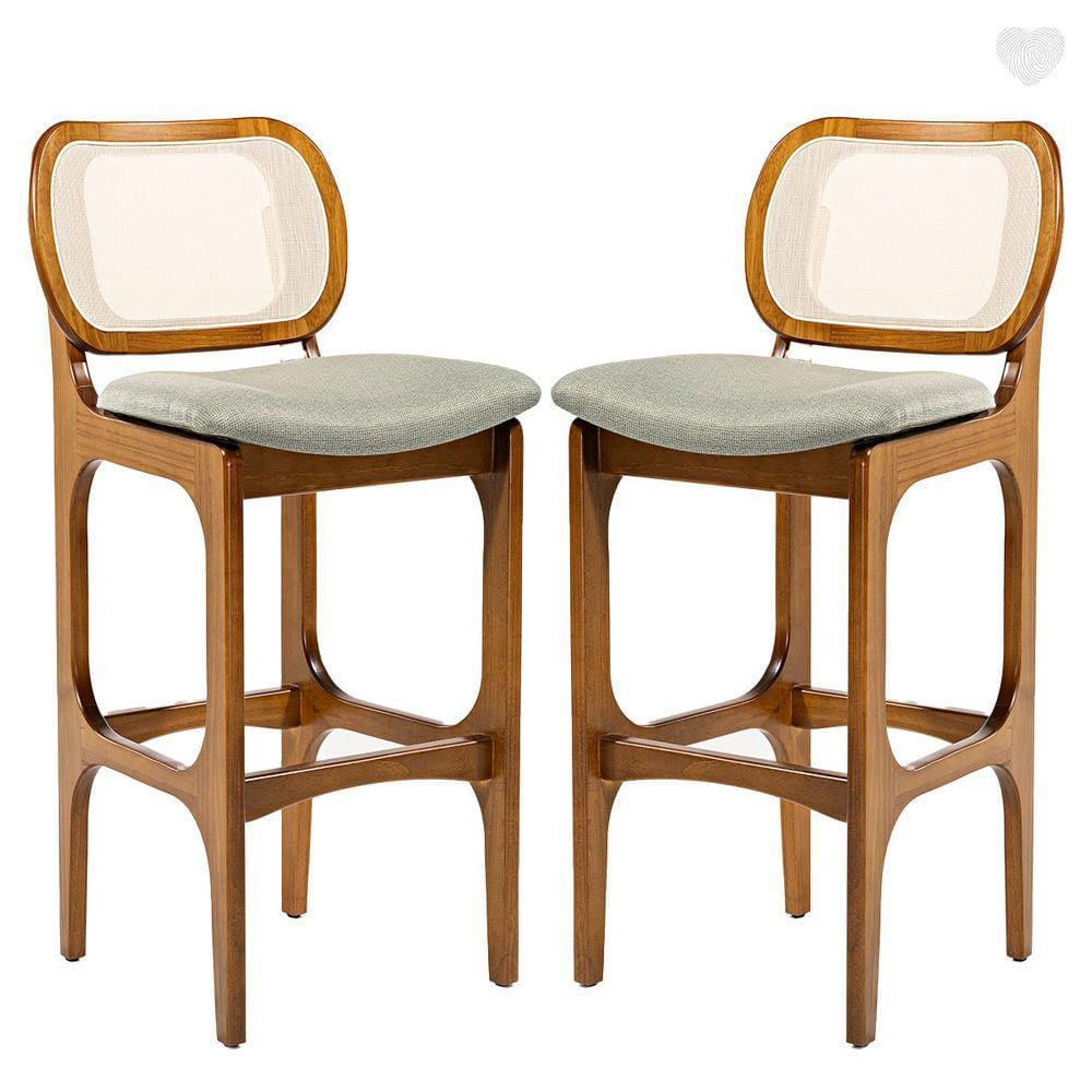 Kit 2 Banquetas para Cozinha Americana Decor Encosto Rattan Madeira Imbuia Linho Verde L84 RMI