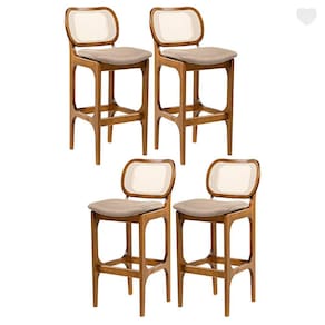 Kit 4 Banquetas Alta para Bancada Decor Encosto Rattan Madeira Imbuia Linho Marrom L87 RMI