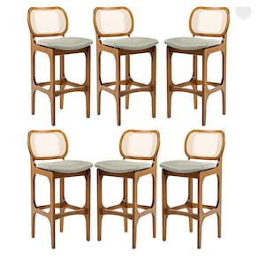 Kit 6 Banquetas para Área Gourmet Decor Encosto Rattan Madeira Imbuia Linho Verde L84 RMI
