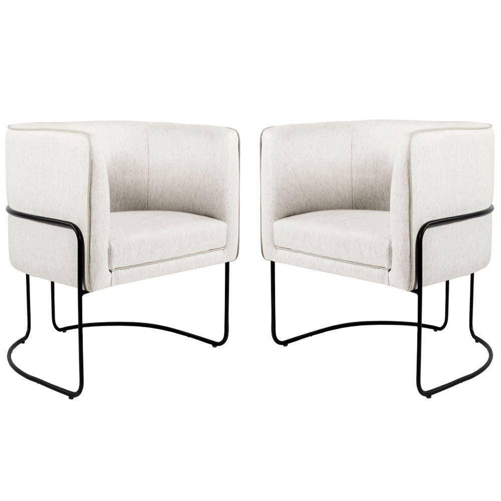 02 Poltronas Decorativas Sala De Estar Base Aço Preto Creme
