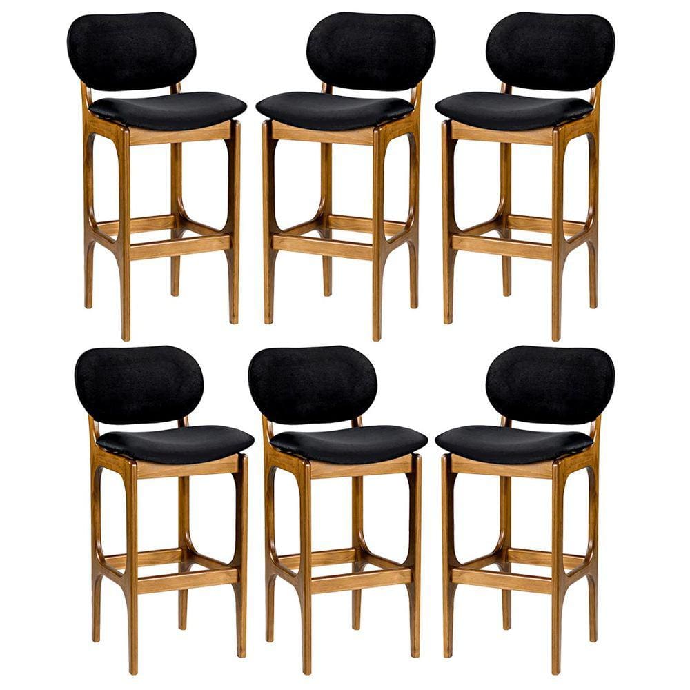 Kit 6 Banquetas Alta Decor 50 x 104 Cm Madeira Maciça Imbuia Suede Preto L14 - RMI