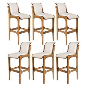 Kit 6 Banquetas Alta para Balcão 37 x 101 Cm Barcelona Madeira Imbuia Linho Bege Cru L71 - RMI
