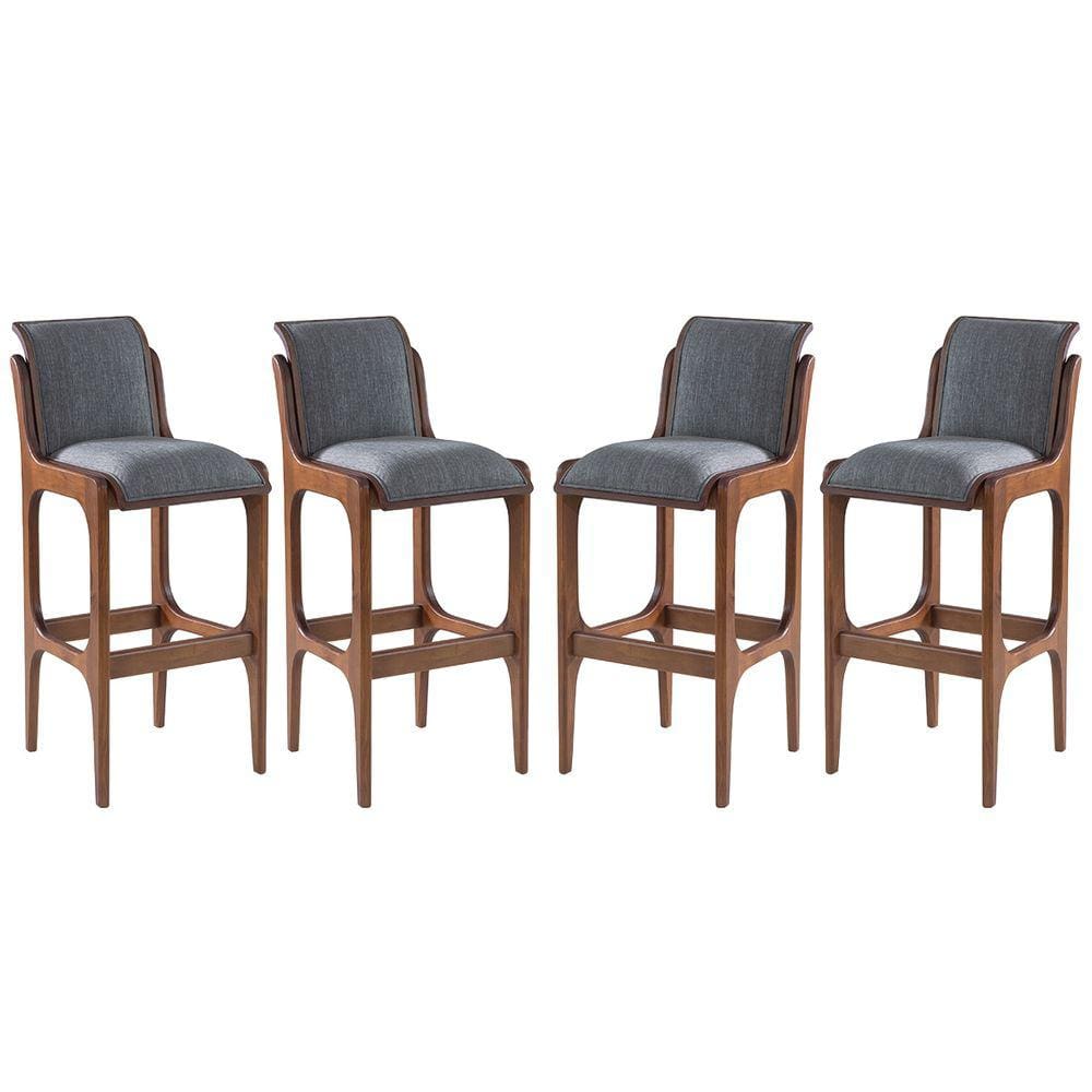 Kit 4 Banquetas Alta Estofada Barcelona 37 x 101 Cm Madeira Maciça Imbuia Linho Cinza L55 - RMI