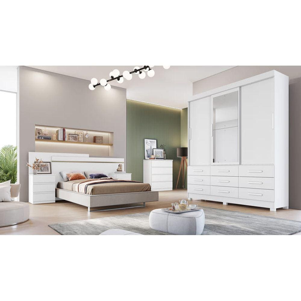 Guarda Roupa Solteiro com Espelho 3 Portas 9 Gavetas - Buriti-Branco - Móveis Novo Horizonte
