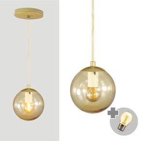 Pendente Ouro C/ Globo De Vidro Ambar De 14cm + Led 2w