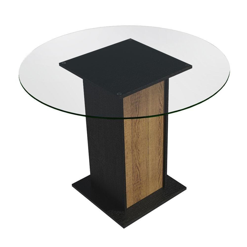 Mesa De Jantar Redonda 5324 Com Tampo De Vidro Preto/Rustic